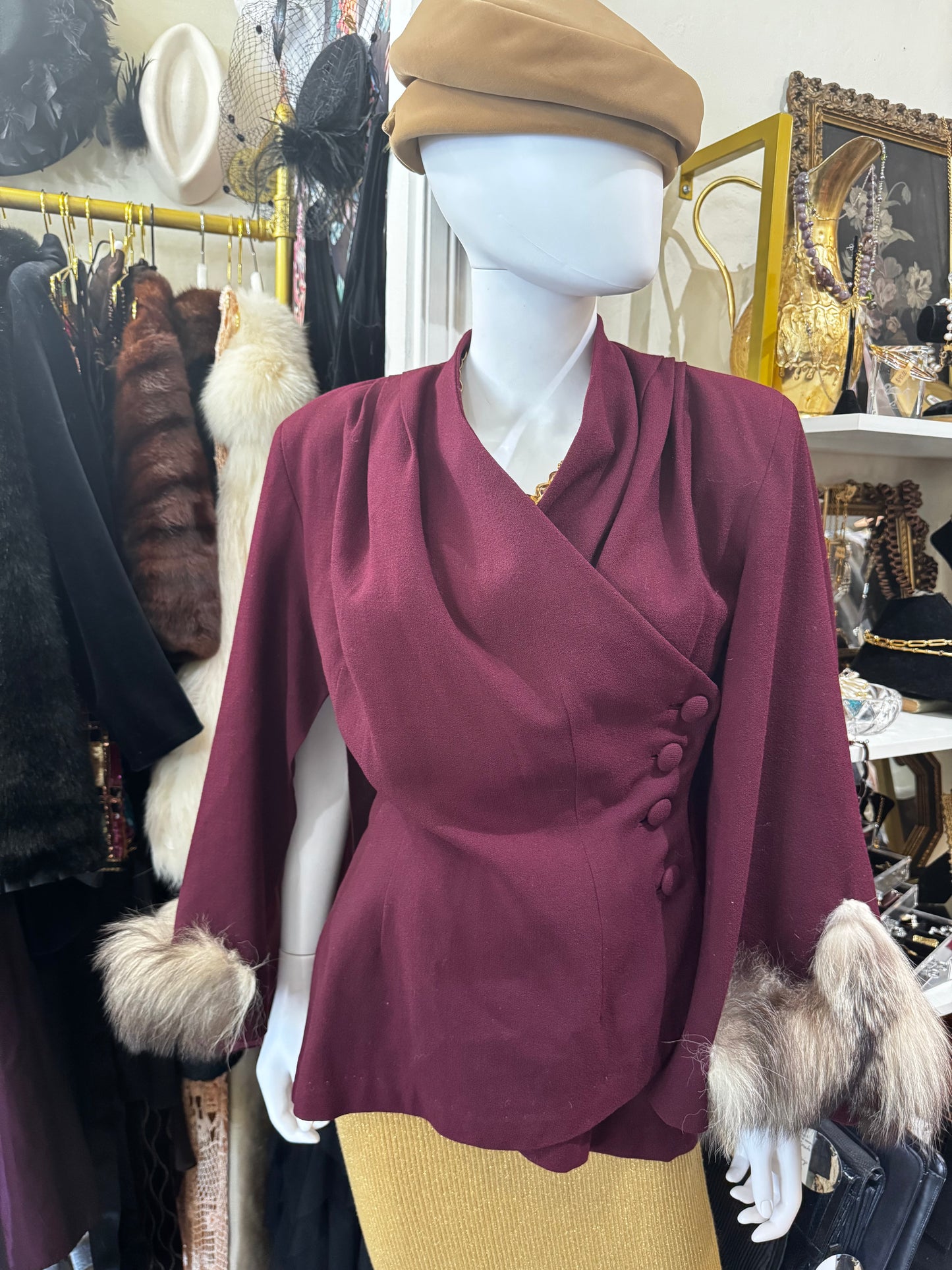 Vintage 1940’s Lilli Ann burgundy fur trim jacket