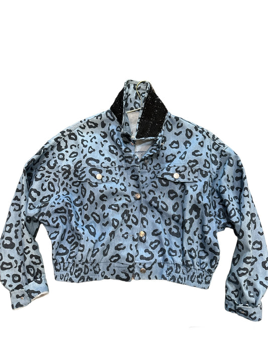 Tweed Fancy Repurposed blue leopard denim jacket