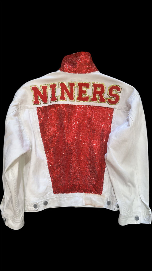 Repurposed vintage Esprit 49ers white denim jacket